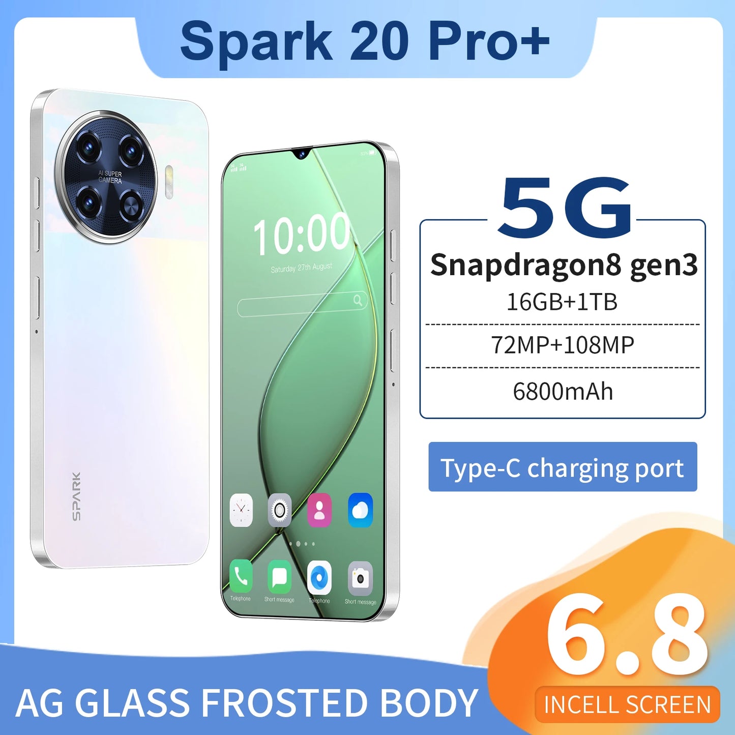 Spark 20 Pro 5G Global Smartphone with 108MP Rear Camera 6.8 Inch HD Display Deca Core CPU Dual Sim Card 16GB ROM