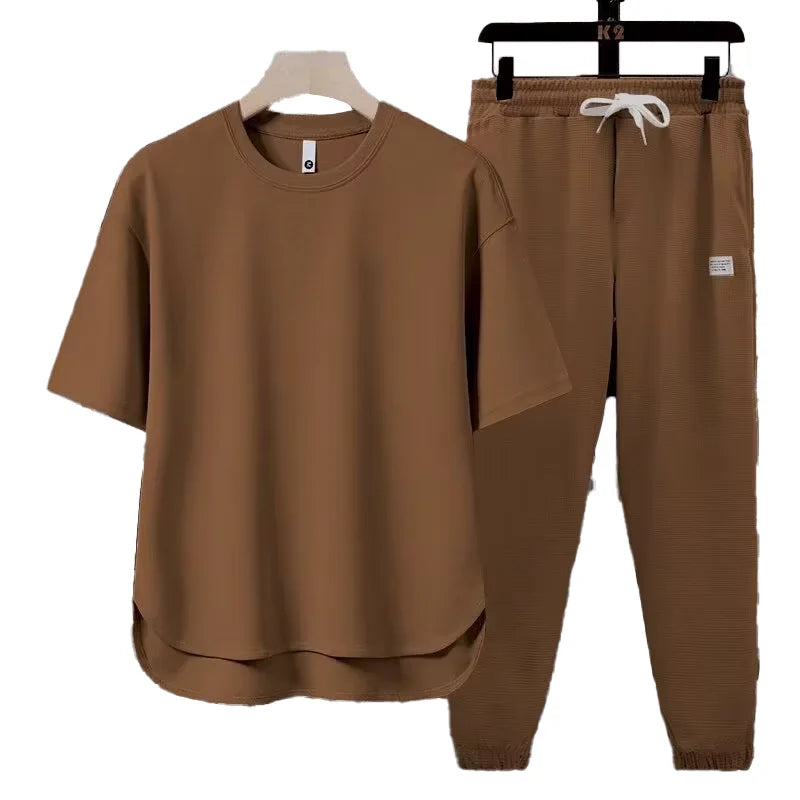 2025 Spring Summer New Fashion Loose Casual Set Suits Solid Color Men's T-shirt Short Sleeve Long Pants Trousers Two-piece Set