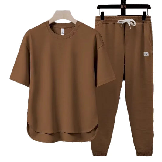 Casual Set Solid Color Men's T-shirt Short Sleeve Long Pants Trousers Two-piece Set