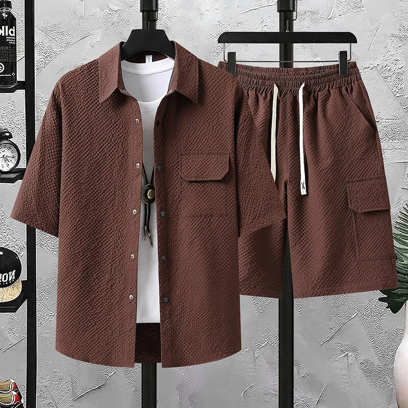 Support Customization of One Item Summer Casual Fashion Solid Color Short Sleeved Shirt Set, Shirt Shorts Two-piece Set