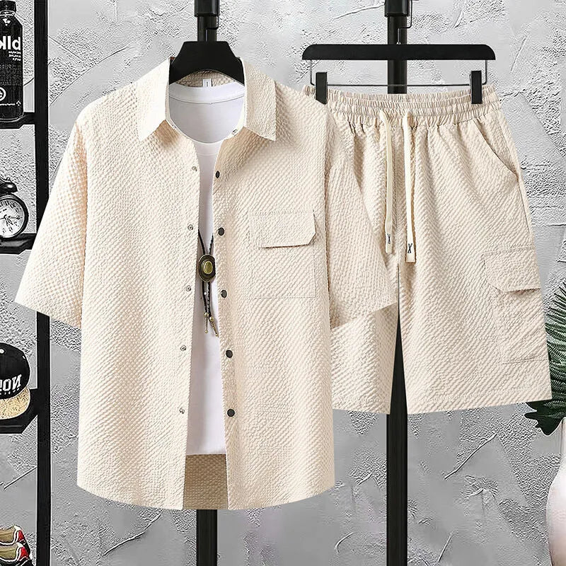 Support Customization of One Item Summer Casual Fashion Solid Color Short Sleeved Shirt Set, Shirt Shorts Two-piece Set