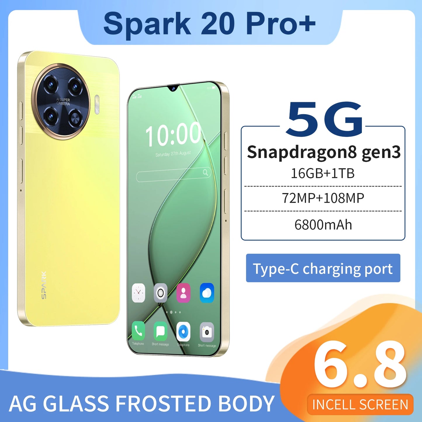 Spark 20 Pro 5G Global Smartphone with 108MP Rear Camera 6.8 Inch HD Display Deca Core CPU Dual Sim Card 16GB ROM