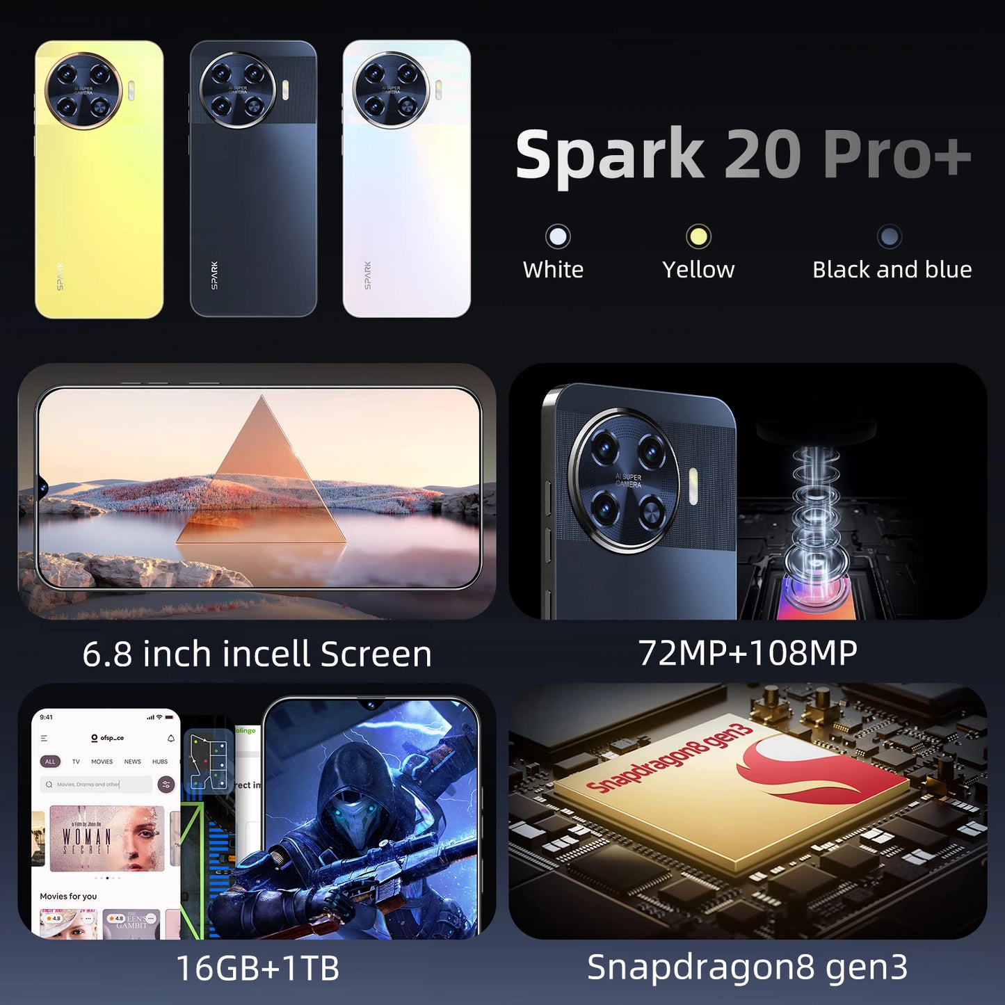 Spark 20 Pro 5G Global Smartphone with 108MP Rear Camera 6.8 Inch HD Display Deca Core CPU Dual Sim Card 16GB ROM
