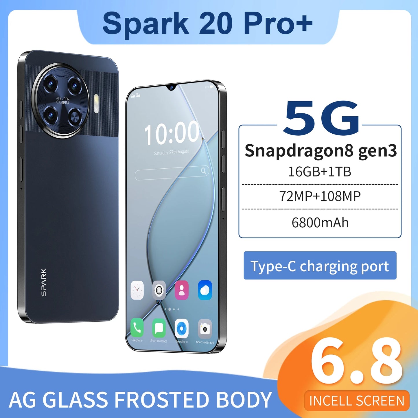 Spark 20 Pro 5G Global Smartphone with 108MP Rear Camera 6.8 Inch HD Display Deca Core CPU Dual Sim Card 16GB ROM