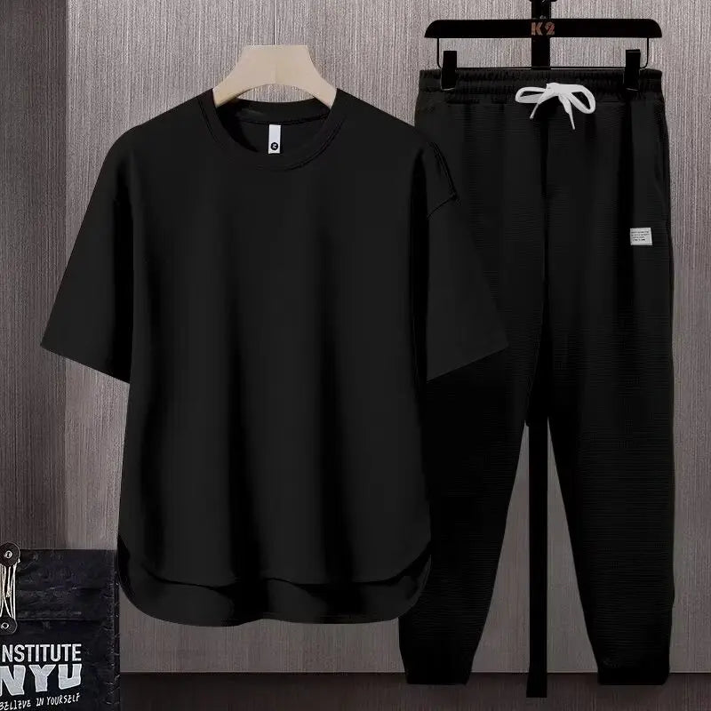 2025 Spring Summer New Fashion Loose Casual Set Suits Solid Color Men's T-shirt Short Sleeve Long Pants Trousers Two-piece Set