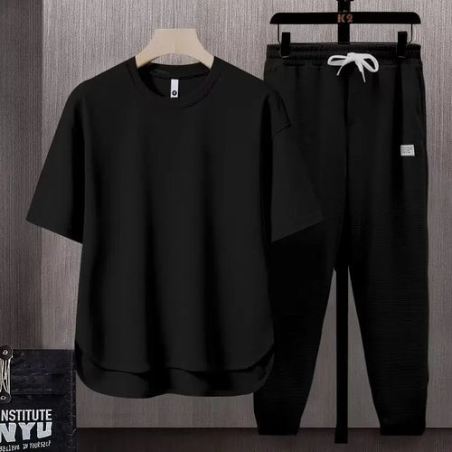 2025 Spring Summer New Fashion Loose Casual Set Suits Solid Color Men's T-shirt Short Sleeve Long Pants Trousers Two-piece Set