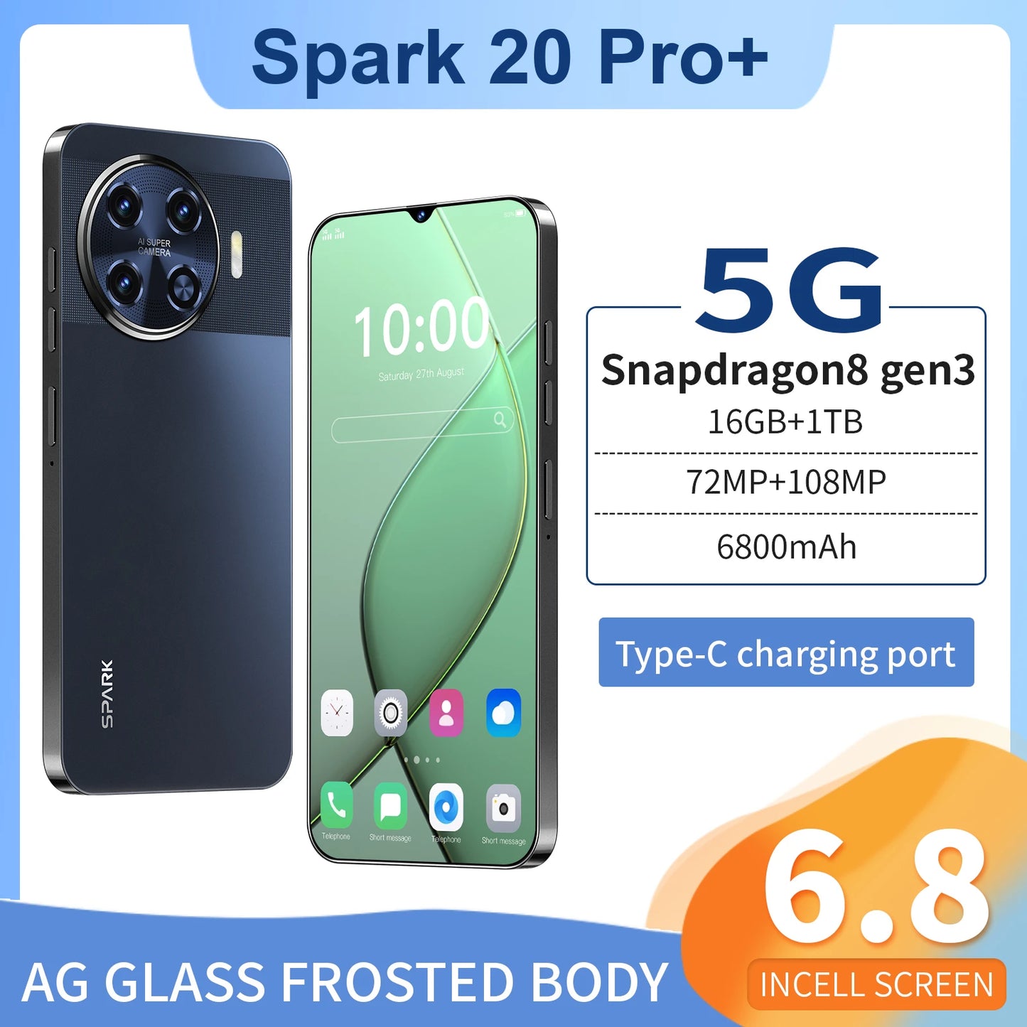 Spark 20 Pro 5G Global Smartphone with 108MP Rear Camera 6.8 Inch HD Display Deca Core CPU Dual Sim Card 16GB ROM