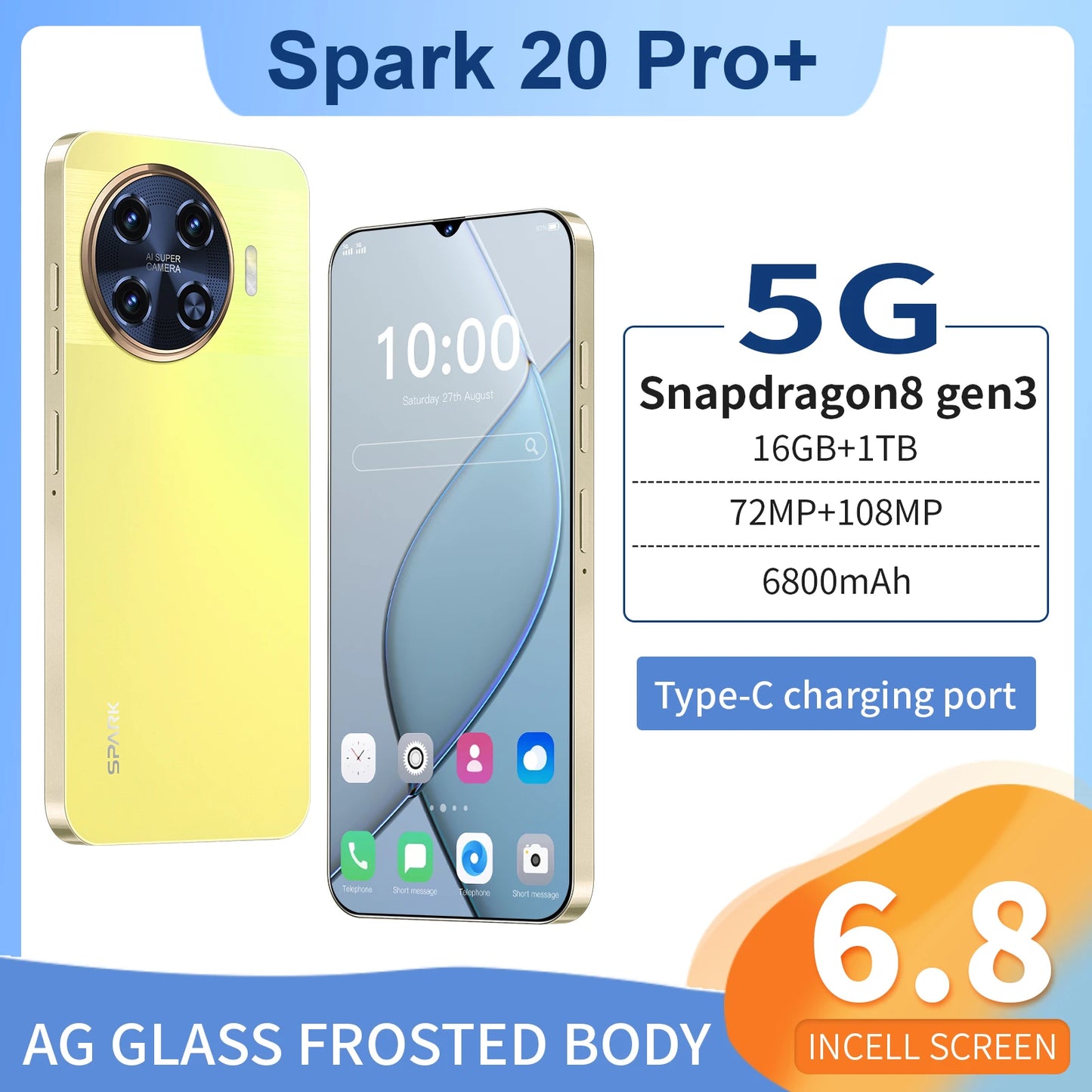 Spark 20 Pro 5G Global Smartphone with 108MP Rear Camera 6.8 Inch HD Display Deca Core CPU Dual Sim Card 16GB ROM