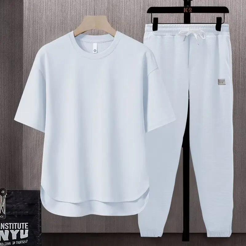 2025 Spring Summer New Fashion Loose Casual Set Suits Solid Color Men's T-shirt Short Sleeve Long Pants Trousers Two-piece Set