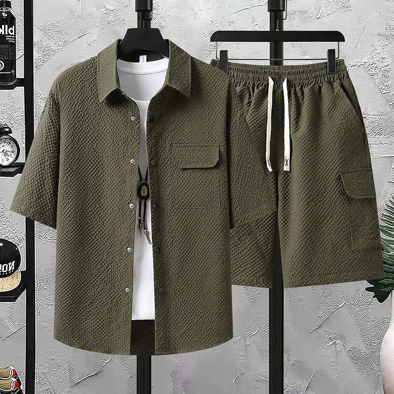 Support Customization of One Item Summer Casual Fashion Solid Color Short Sleeved Shirt Set, Shirt Shorts Two-piece Set