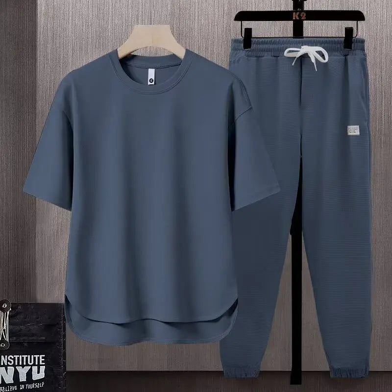 2025 Spring Summer New Fashion Loose Casual Set Suits Solid Color Men's T-shirt Short Sleeve Long Pants Trousers Two-piece Set