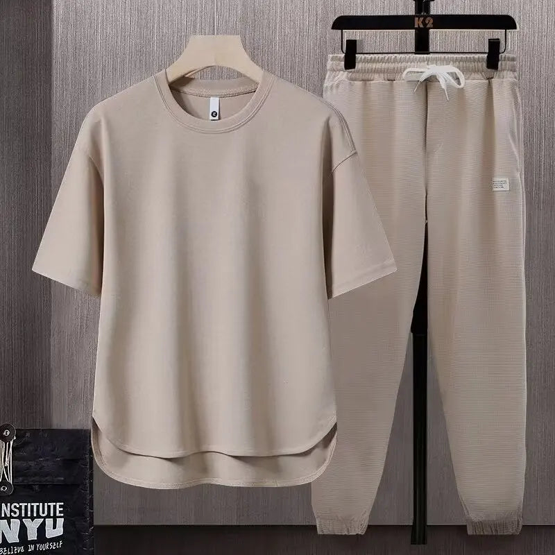 2025 Spring Summer New Fashion Loose Casual Set Suits Solid Color Men's T-shirt Short Sleeve Long Pants Trousers Two-piece Set
