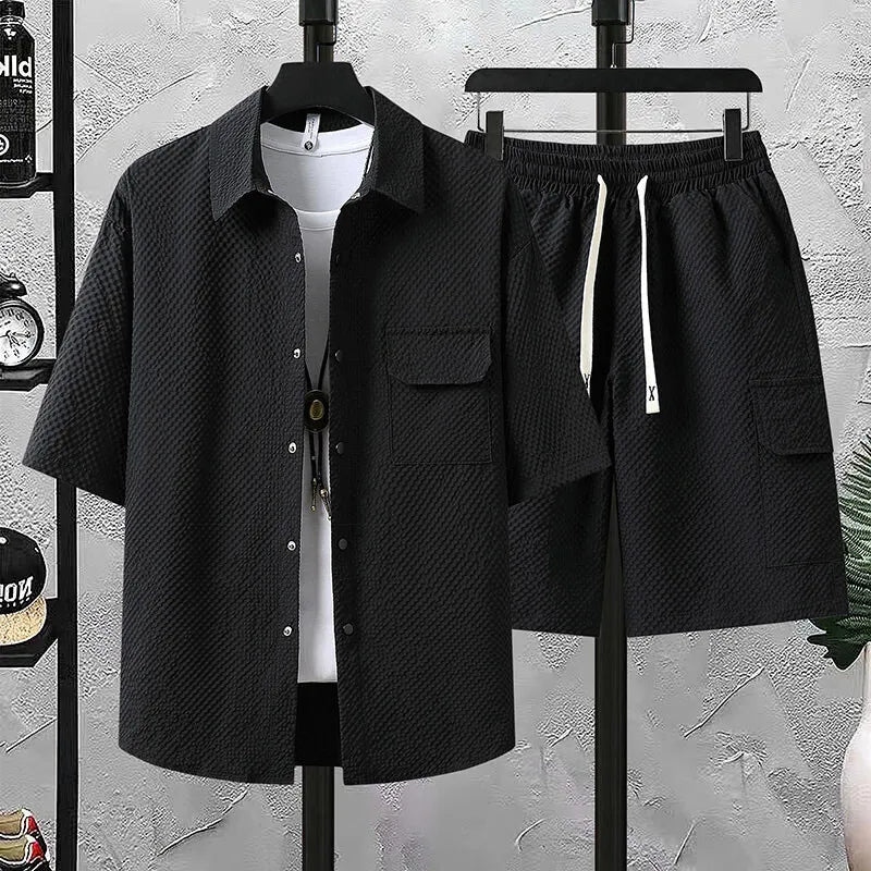 Support Customization of One Item Summer Casual Fashion Solid Color Short Sleeved Shirt Set, Shirt Shorts Two-piece Set