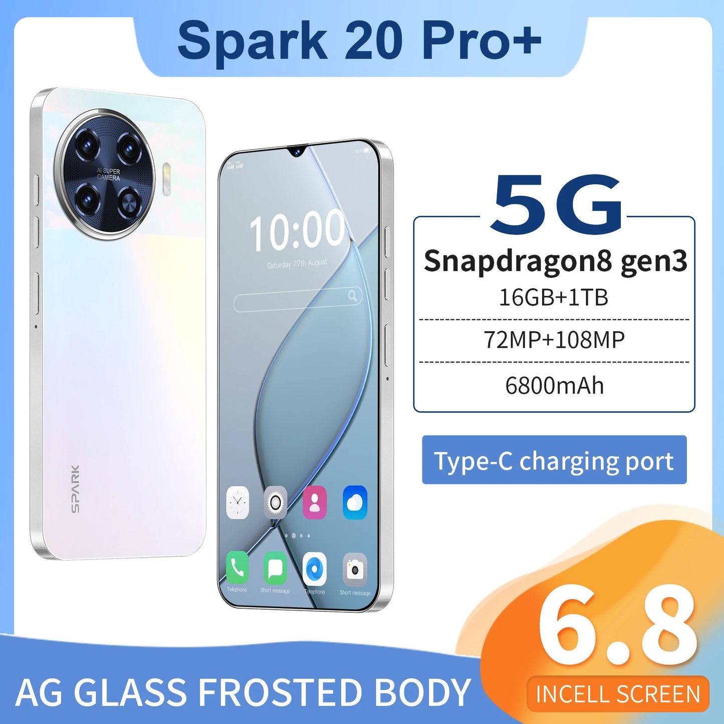 Spark 20 Pro 5G Global Smartphone with 108MP Rear Camera 6.8 Inch HD Display Deca Core CPU Dual Sim Card 16GB ROM