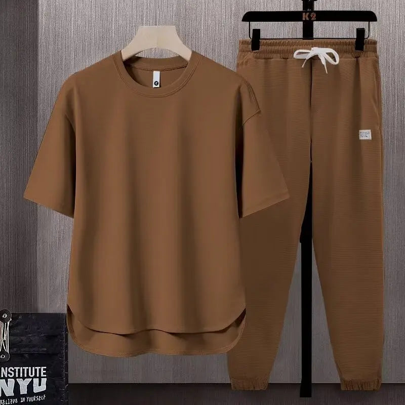 2025 Spring Summer New Fashion Loose Casual Set Suits Solid Color Men's T-shirt Short Sleeve Long Pants Trousers Two-piece Set