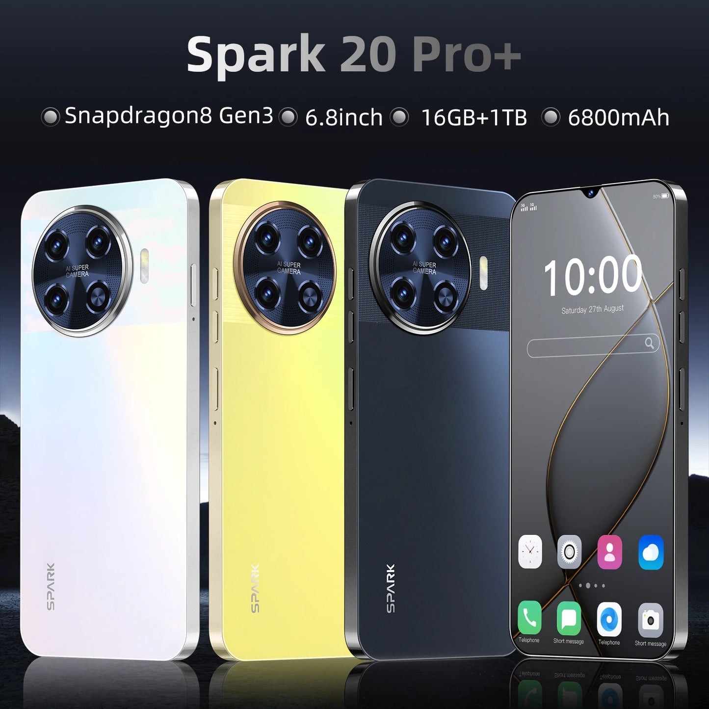 Spark 20 Pro 5G Global Smartphone with 108MP Rear Camera 6.8 Inch HD Display Deca Core CPU Dual Sim Card 16GB ROM